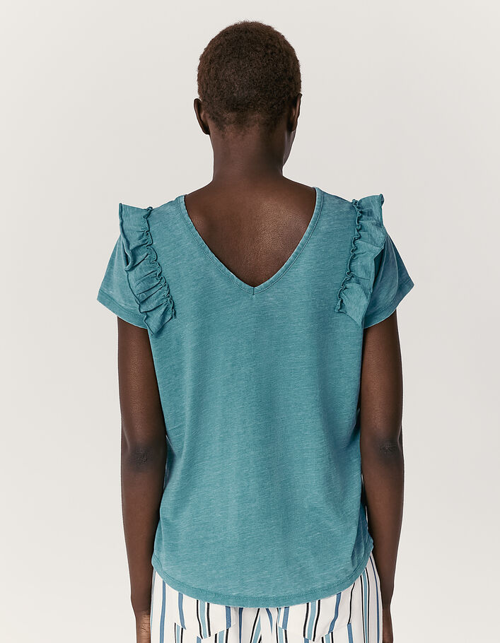 Smaragdgrünes Damen-T-Shirt mit Rüschen an den Schultern - IKKS