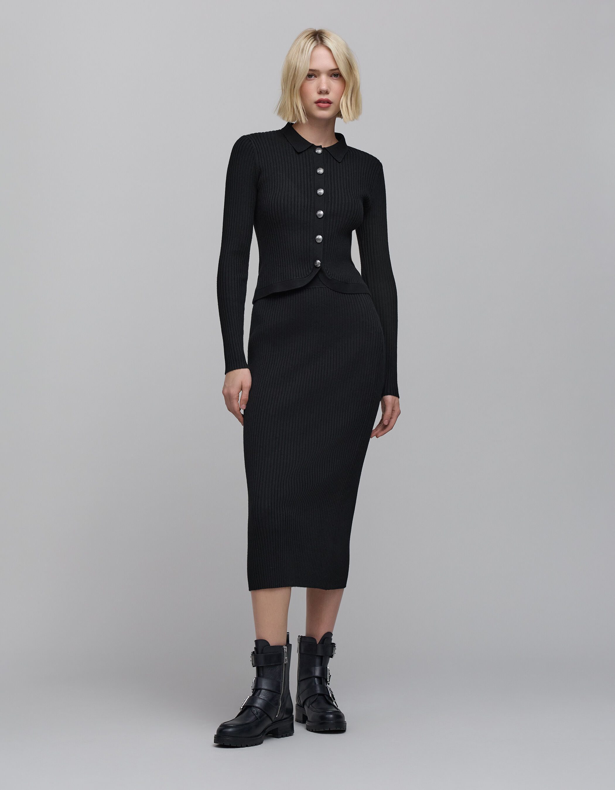 Jupe tube noire tricot cotele Femme IKKS