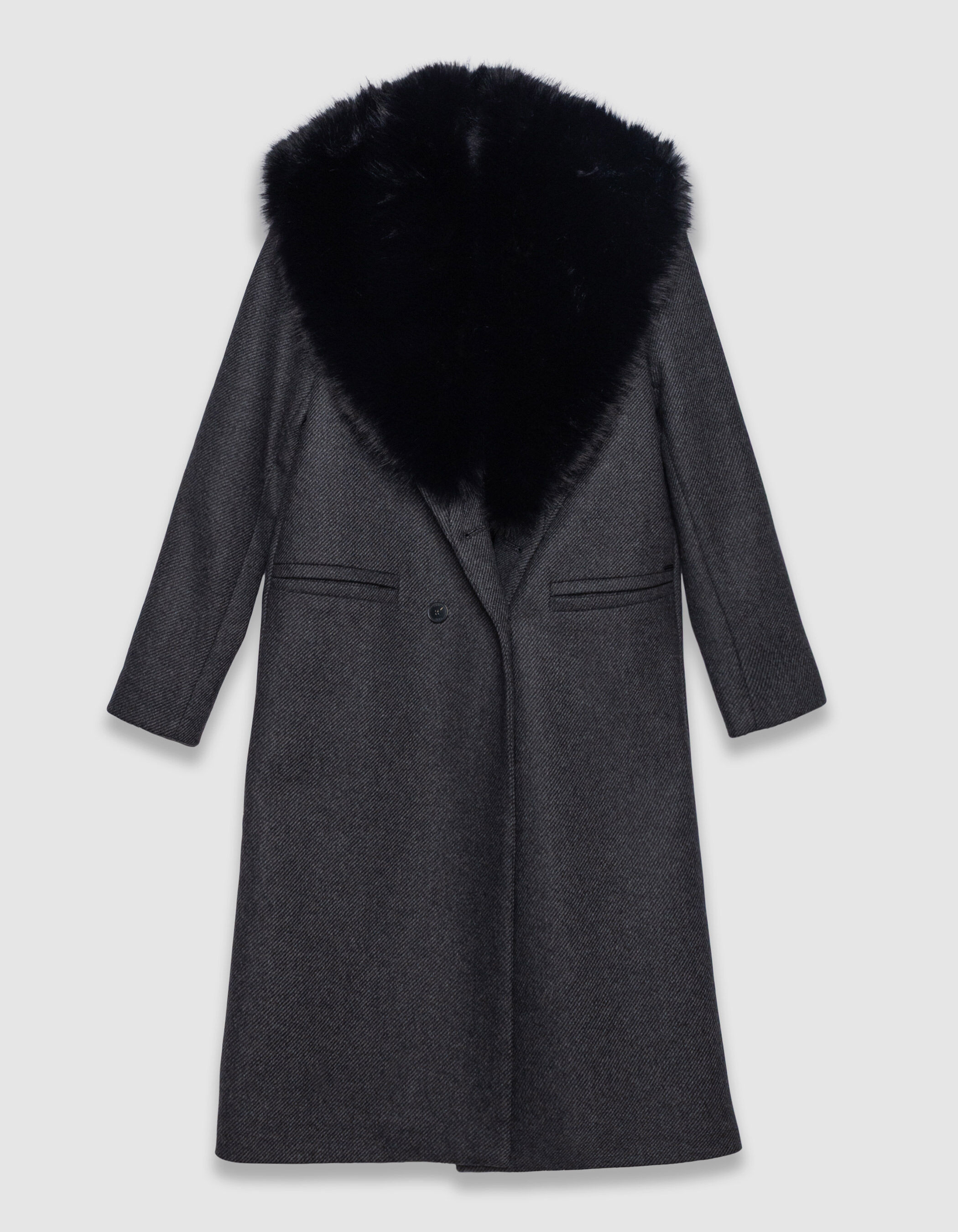Women's grey straight coat, detachable black fur collar