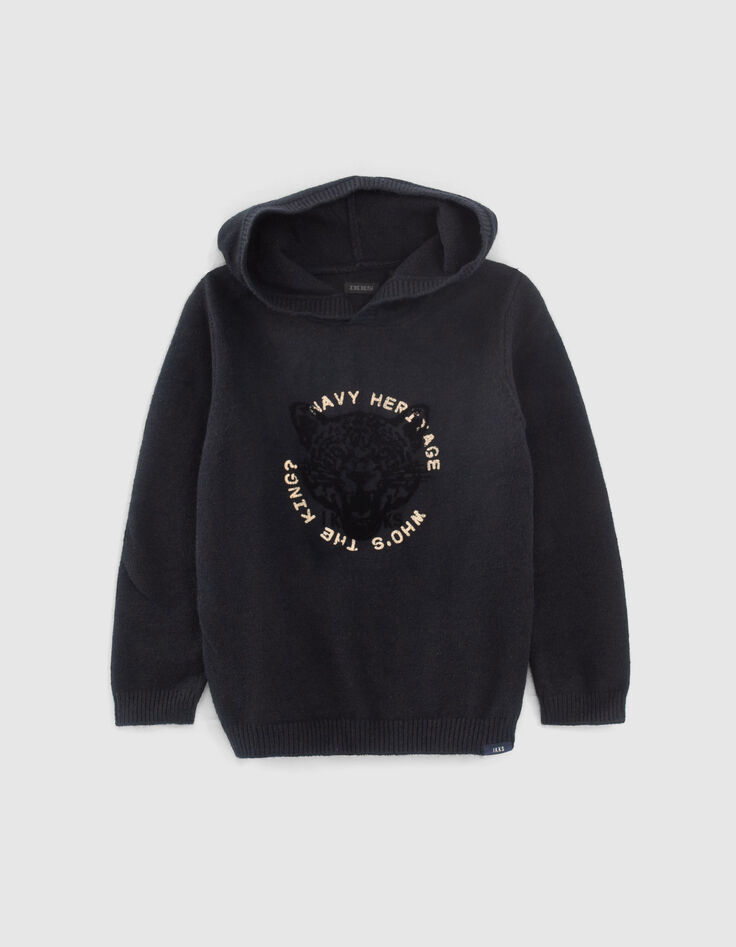 Pull navy tricot floqu&eacute; tigre &agrave; capuche gar&ccedil;on-2