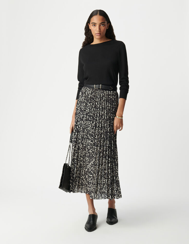 Falda larga plisada negra de mujer con estampado floral minimalista-1