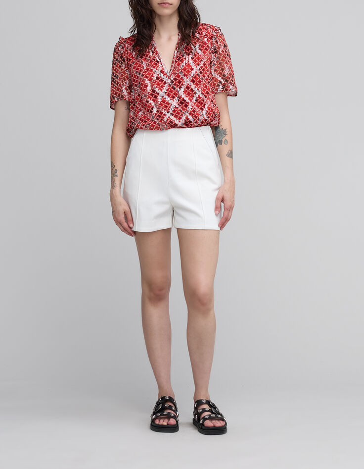 Blusa holgada de mujer en voile estampado entramado rojo-1