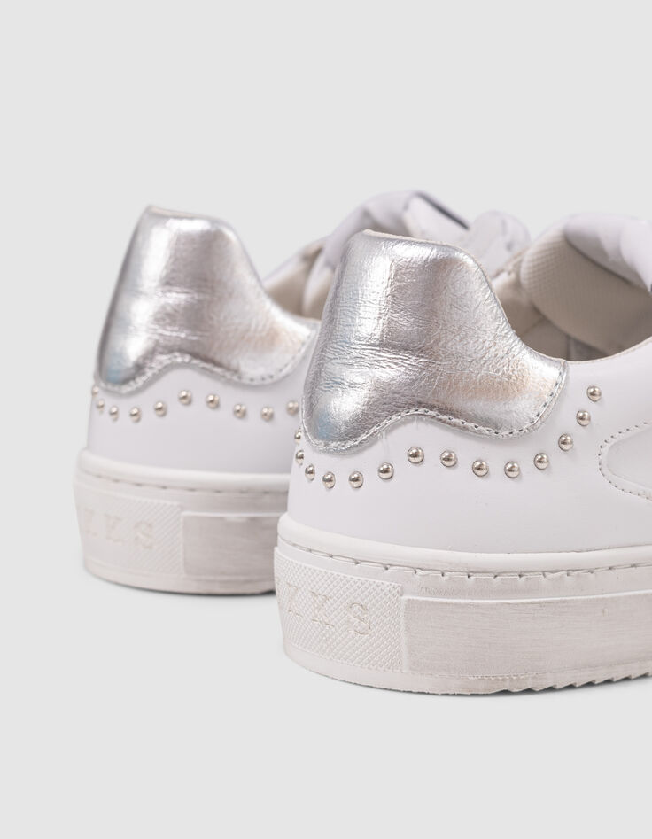 Baskets blanches cuir décor clous lacets silver Femme-5