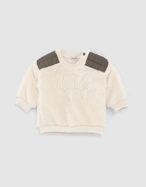 Baby boys’ beige Sherpa sweatshirt, khaki nylon shoulders