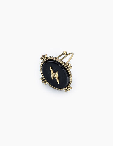 Women’s gold metal ring with black stone + lightning bolt - IKKS