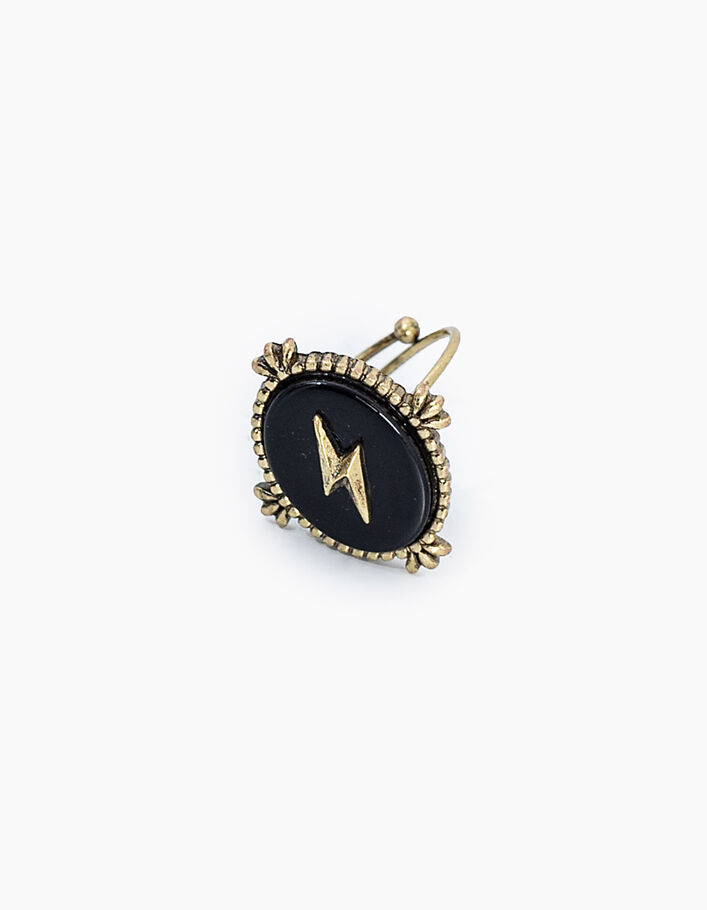 Women’s gold metal ring with black stone + lightning bolt - IKKS