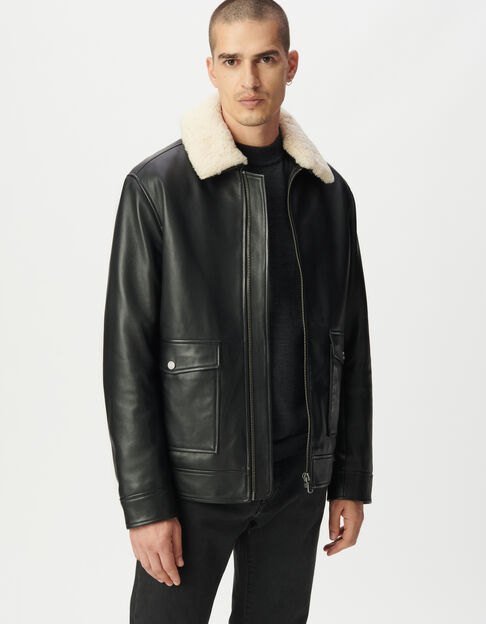 Schwarze Herren-Fliegerjacke Leder Sherpastoff trennbar - IKKS