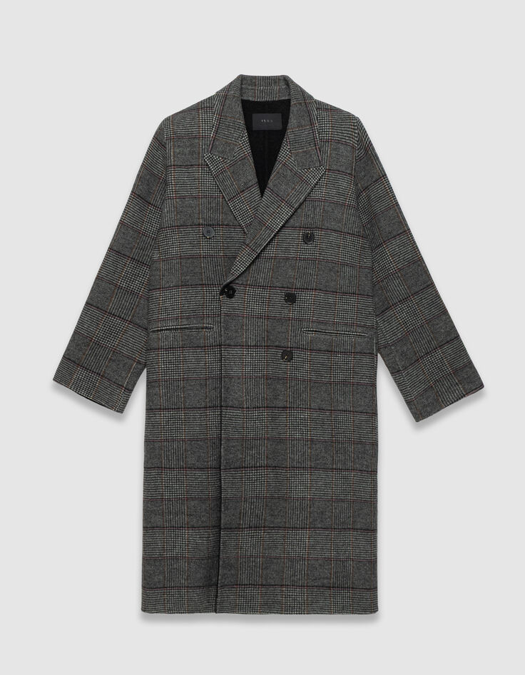 Manteau long gris motif carreaux boutonnage croisé Femme-1