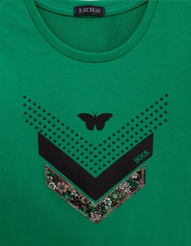 Multi-Material-T-Shirt Grün Mädchen mit Fischgrätenmuster-2