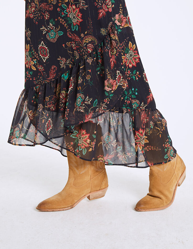 Floral print voile long ruffled skirt -4