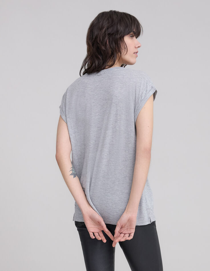 Graues Damen-T-Shirt mit gesticktem Schriftzug mit Perlen-3