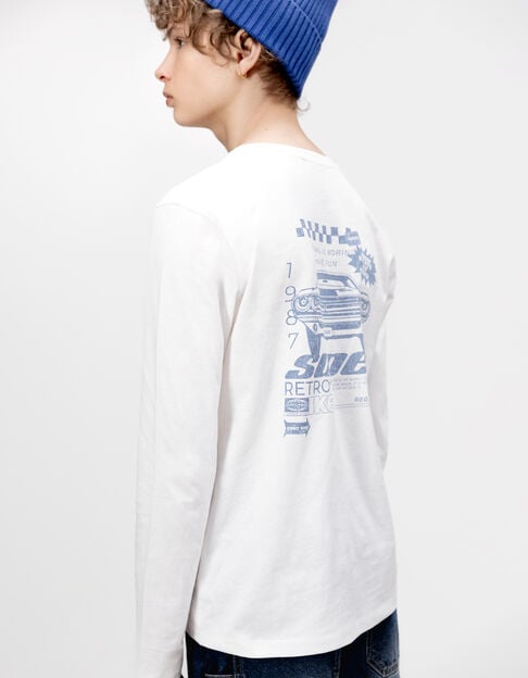 Boys’ white organic cotton T-shirt with car image on back - IKKS
