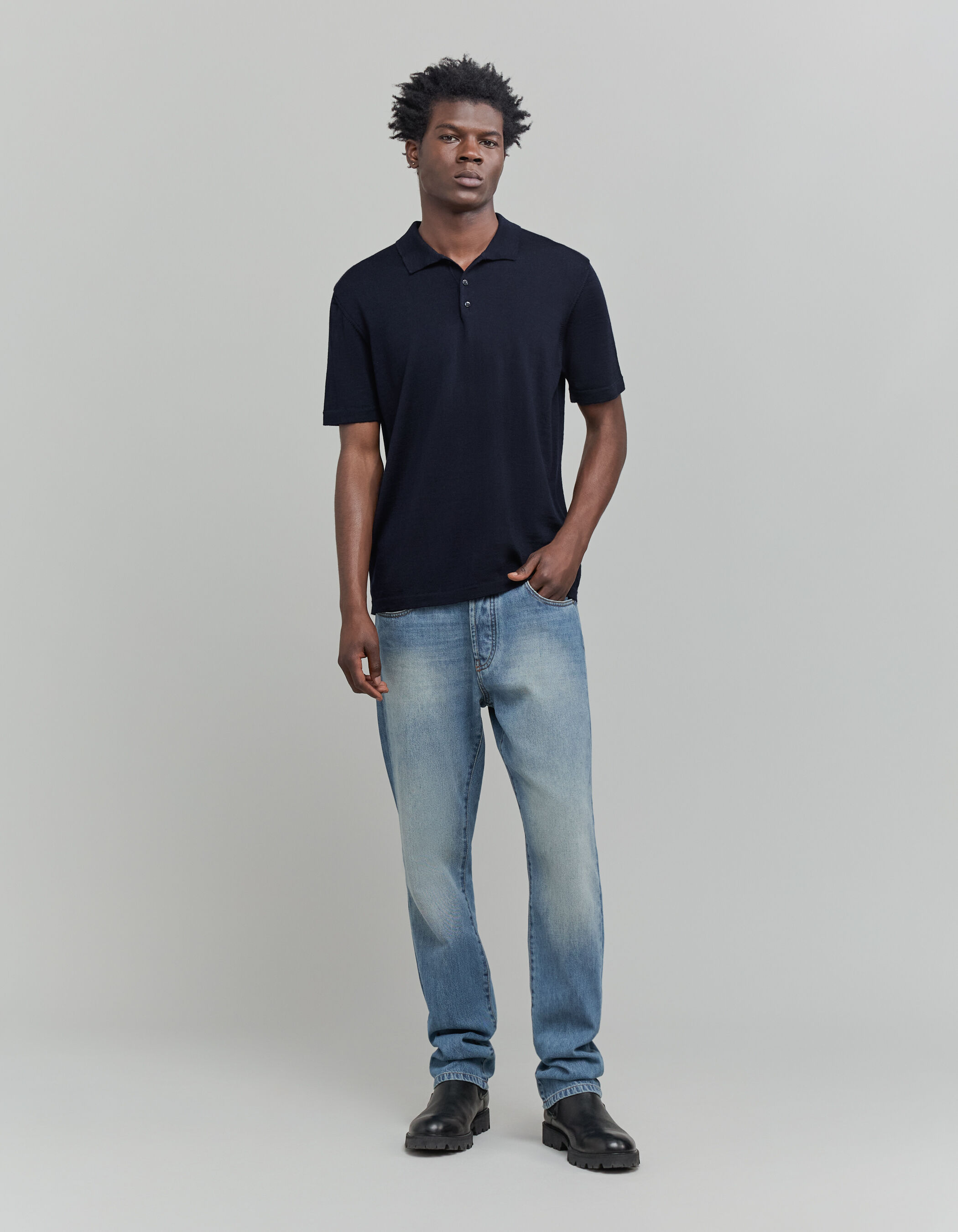 Polo azul marino de punto de lana Merino 100 para hombre IKKS