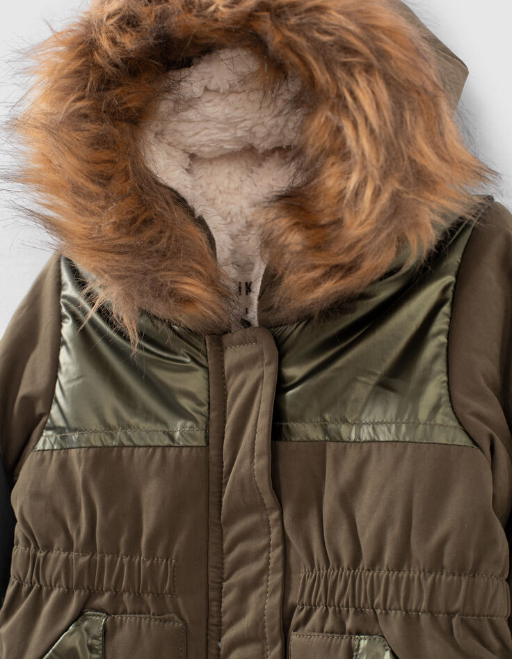 Donkerkaki parka in twee materialen gevoerd babymeisjes-2