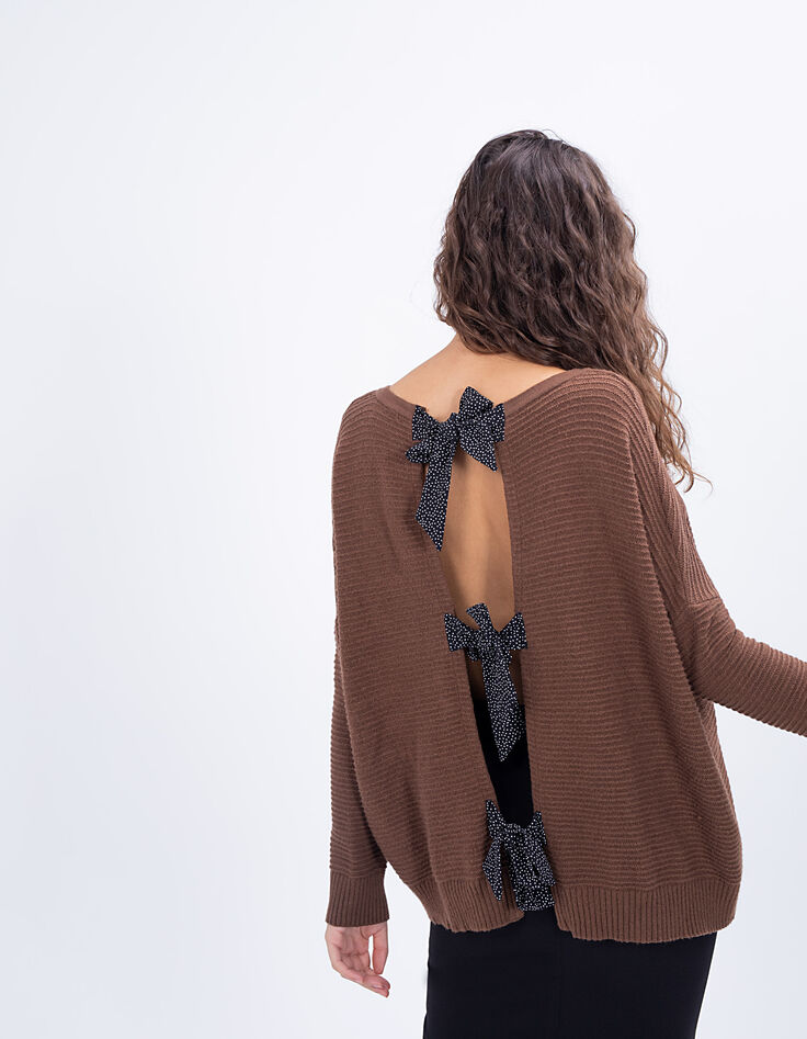 Cognacfarbener Rippenstrick-Pullover I.Code mit Schleife im Rücken-4