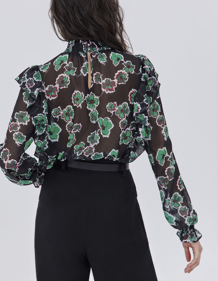 Zwarte blouse maxi bloemenprint volants Dames-2