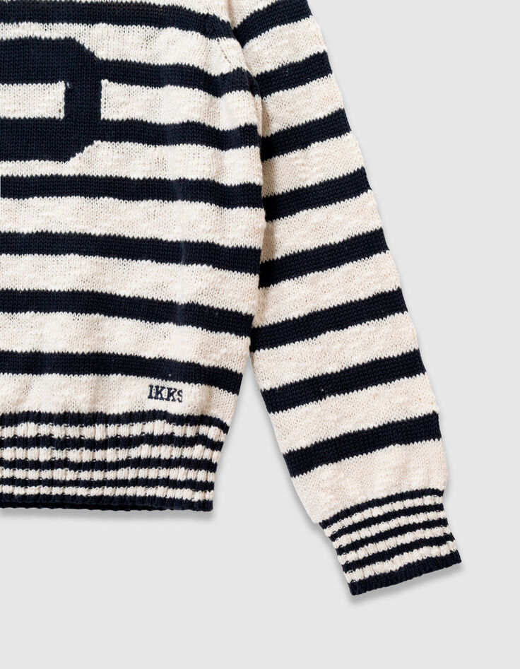 Pull &eacute;cru tricot rayures marine et chiffre gar&ccedil;on-4