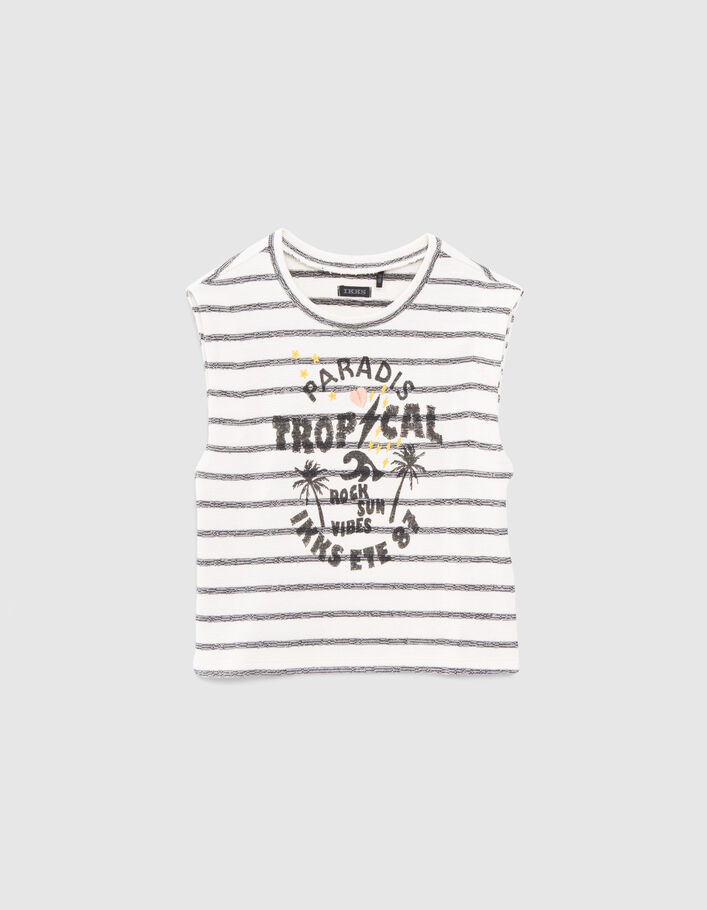 Girls' ecru organic cotton T-shirt, black stripes & palms - IKKS
