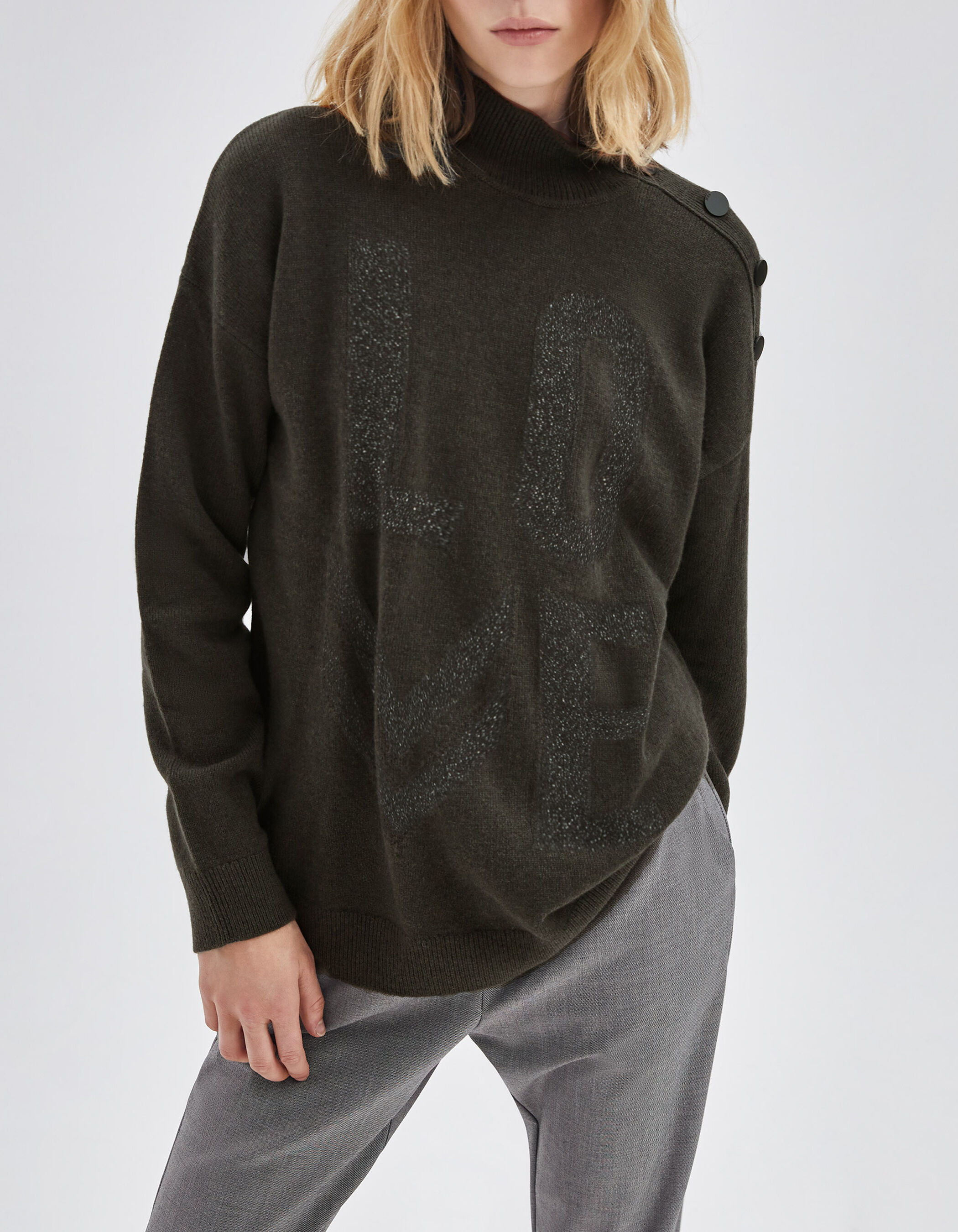 Jersey caqui punto botones hombro izquierdo mujer