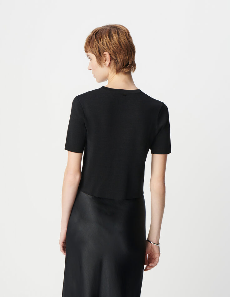 Asymmetrischer Damen-Kurzarmpullover aus Strick mit Knopfleiste, schwarz-3