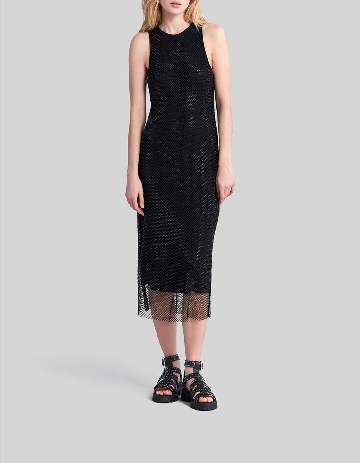 Schwarzes Damen-Midikleid mit Mesh und Strass Voile-Futter-1