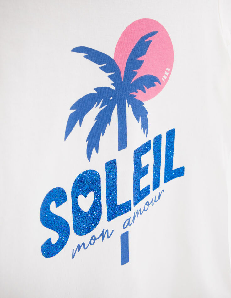 Ecru T-shirt met palmopdruk en tekst met glitters meisjes-5