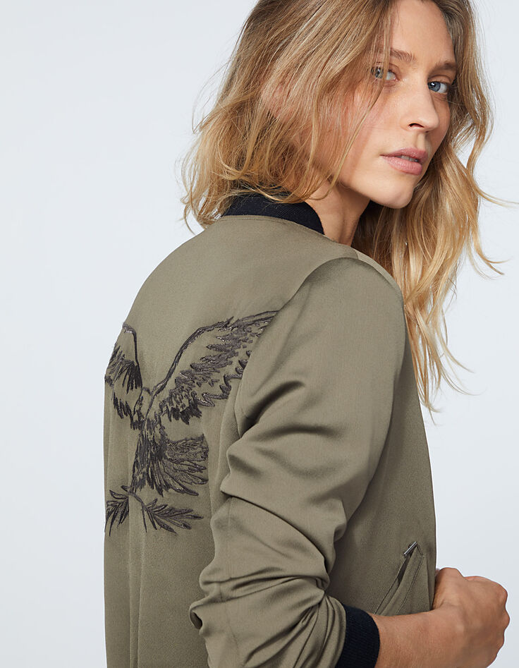Bombers kaki en satin réversible visuel brodé dos femme-1
