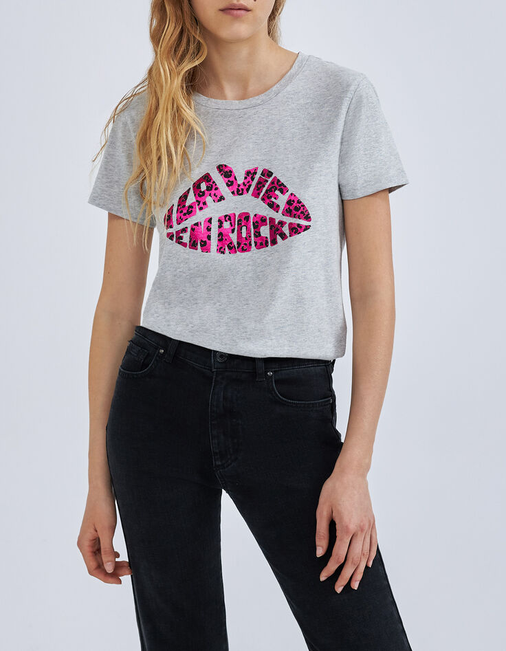 Graues Damen-T-Shirt mit Mundmotiv-1