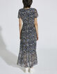 Women’s blue flower print dotted Swiss voile long dress-3