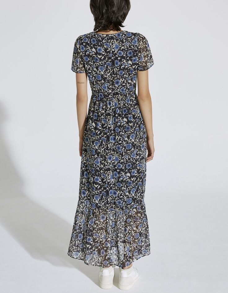 Women’s blue flower print dotted Swiss voile long dress-3