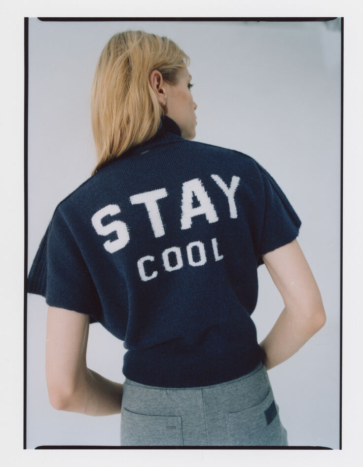 Pull bleu marine intarsia message sans manches femme-4 Pull bleu marine intarsia message sans manches femme-4