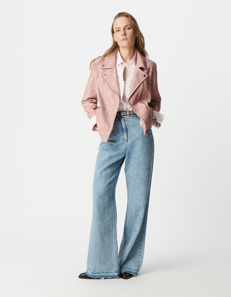 ikks Blouson rose cuir délavé esprit motard Femme Vente en ligne