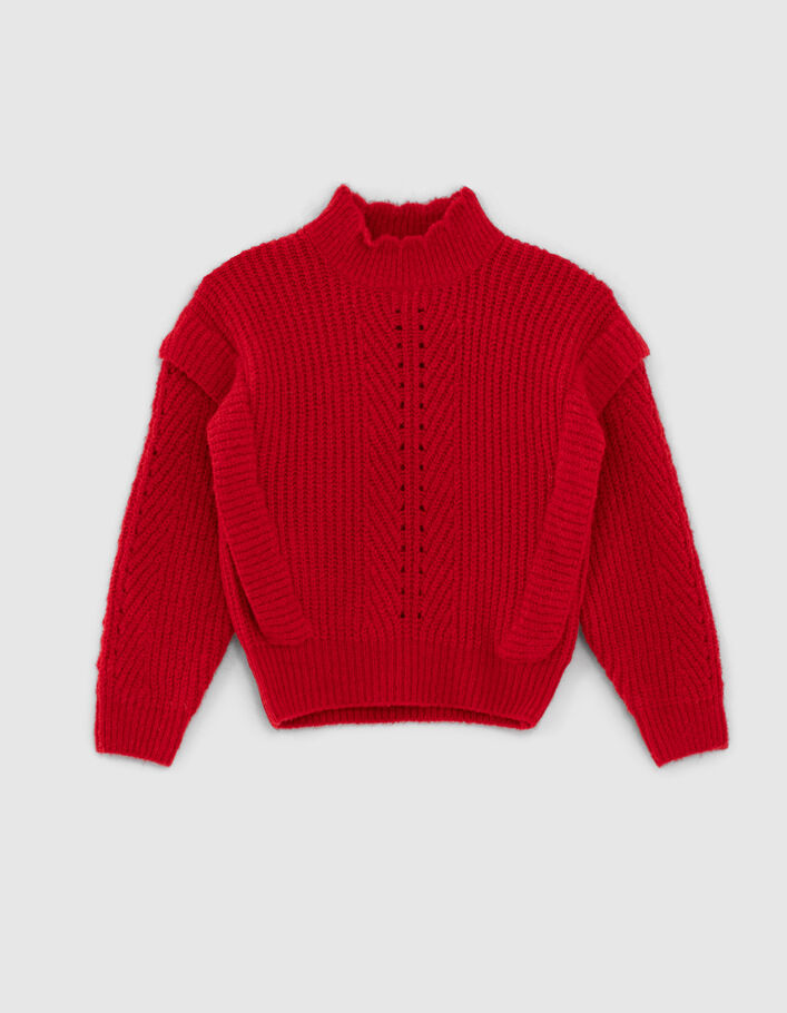 Pull rouge clair tricot avec volants fille - IKKS