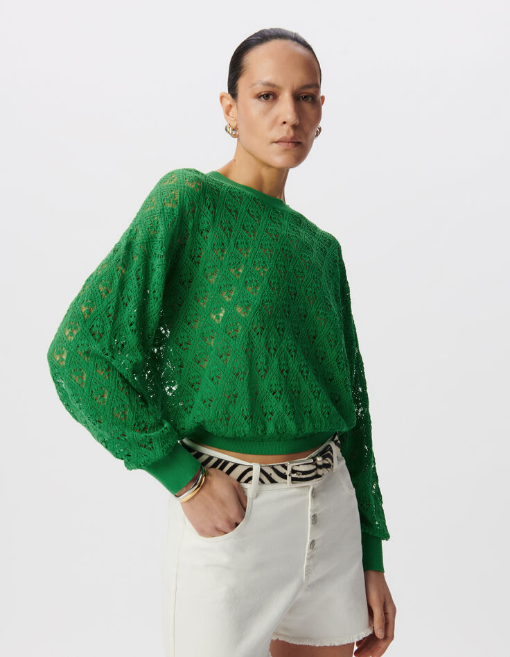 Pull vert tricot ajouré façon crochet-2 Pull vert tricot ajouré façon crochet-2