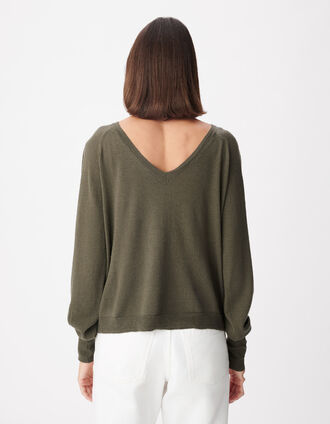 Women's Khaki V-Neck Wool Sweater Rhinestone Back
