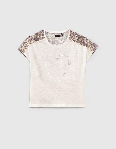 Girls’ white Ecovero® mixed-fabric T-shirt + paisley back - IKKS