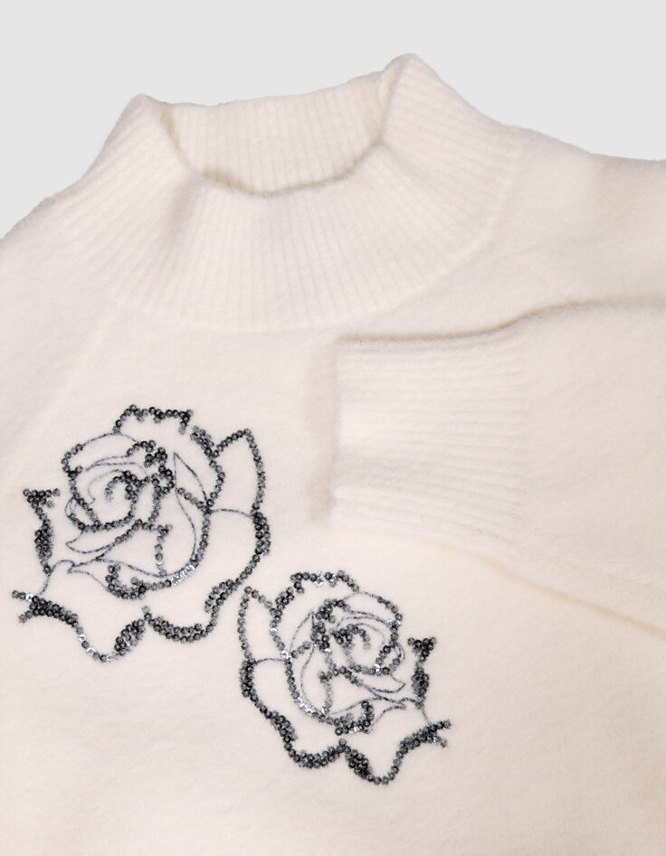 Pull col montant blanc tricot broderies sequins fille-5
