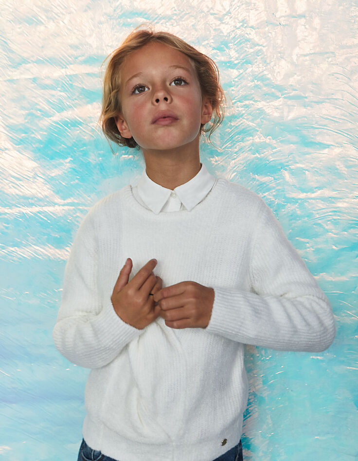 Pull en maille moulinée blanc cassé fille-1