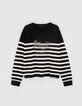 Pull en maille fine rayé noir et blanc strass rock femme-5