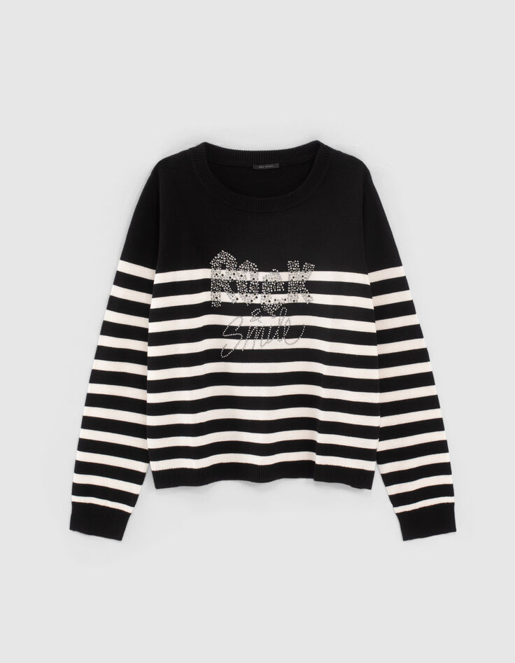 Pull en maille fine rayé noir et blanc strass rock femme-5