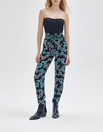 Pantalon fluide noire maxi floral ceinturé