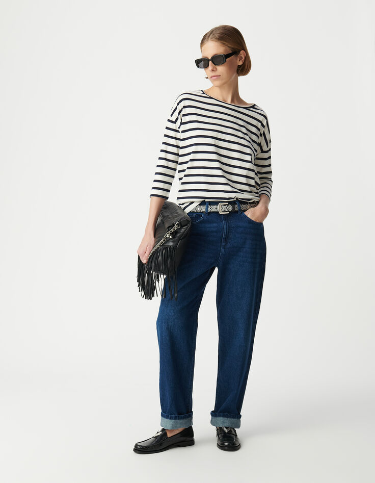 Oversized navy and white sailor tee with shoulder jewels Women-1