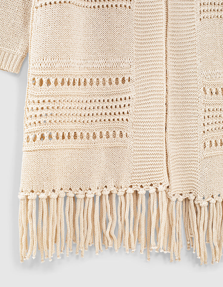 Ecrufarbene Damen-Strickjacke mit Punkten und Fransen-5