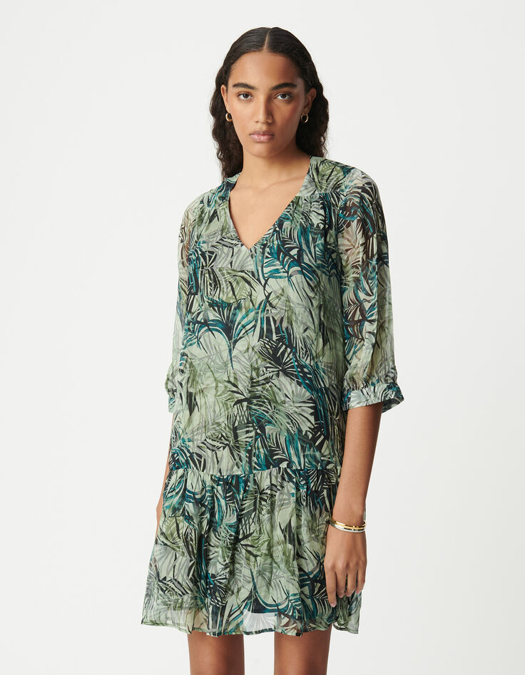 Türkisfarbenes Kleid mit Blattmuster für Damen-2