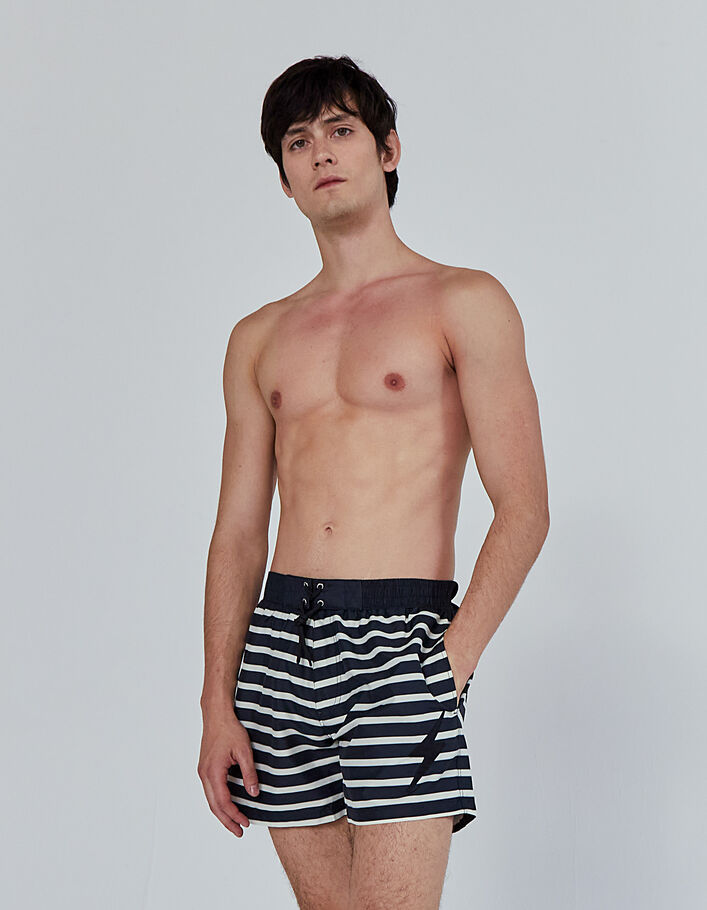 Men’s black sailor stripe swimshorts, ecru stripes, badges-1
