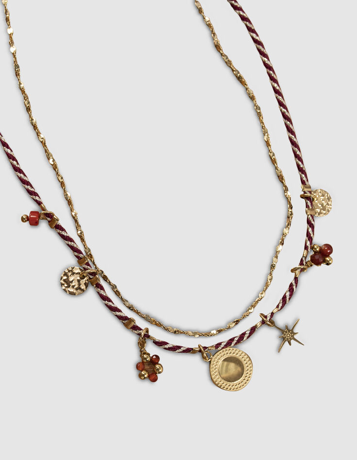 Collier multi rangs m&eacute;daille dor&eacute;e et pierre de Cornaline femme-4