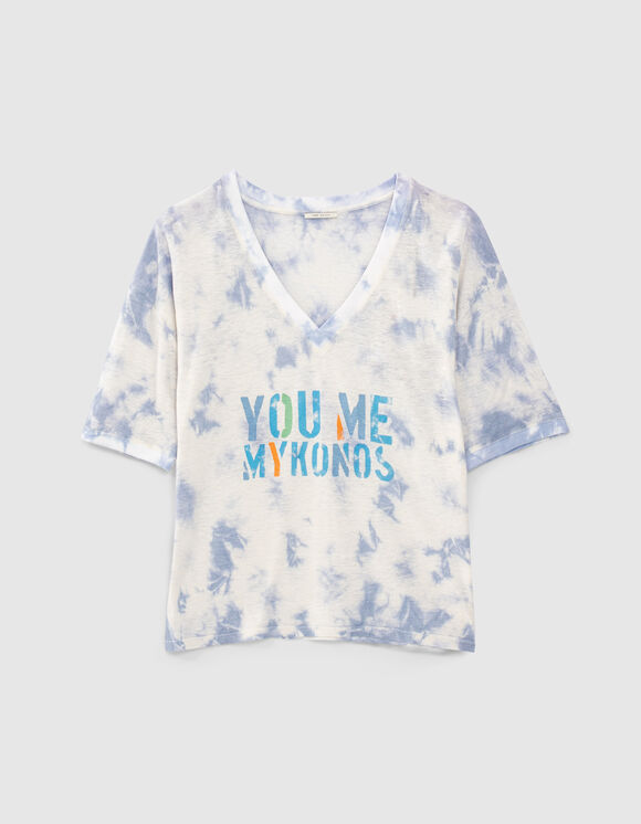 Women’s blue tie-dye T-shirt with slogan image