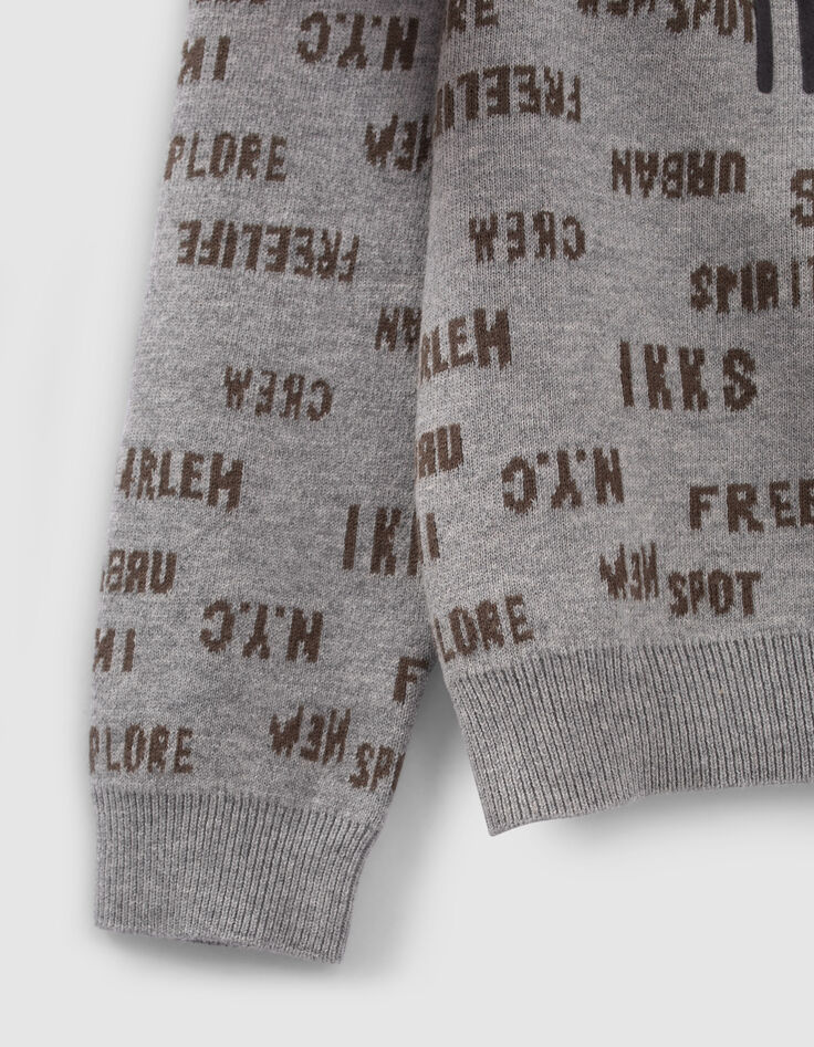Pull réversible gris et kaki jacquard typo garçon-5