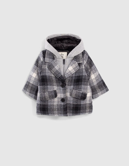 Baby girl’s black check coat with sweatshirt fabric facing