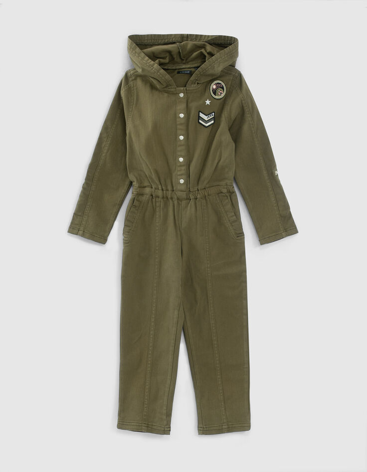 Lange kaki jumpsuit denim patch met kap meisjes-3
